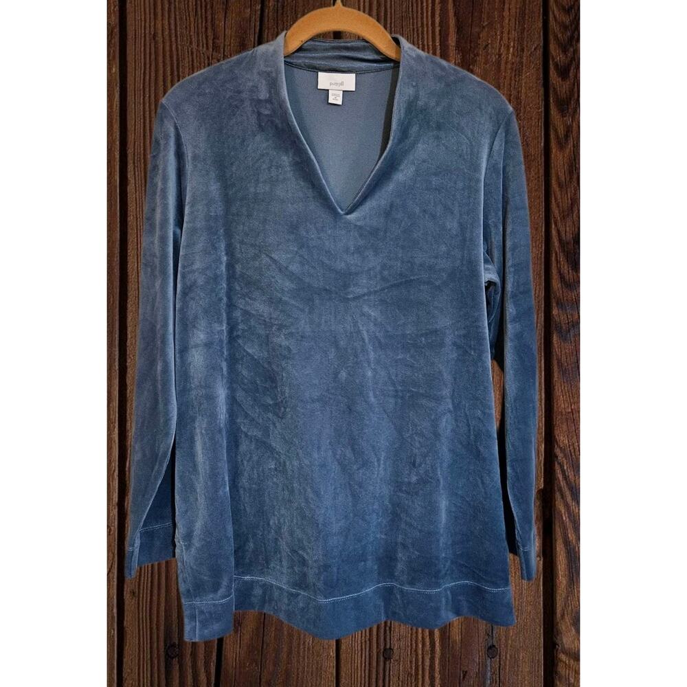 J Jill Pure Jill Long Sleeve V-Neck Velour Tunic Top Blue Women's Size M
